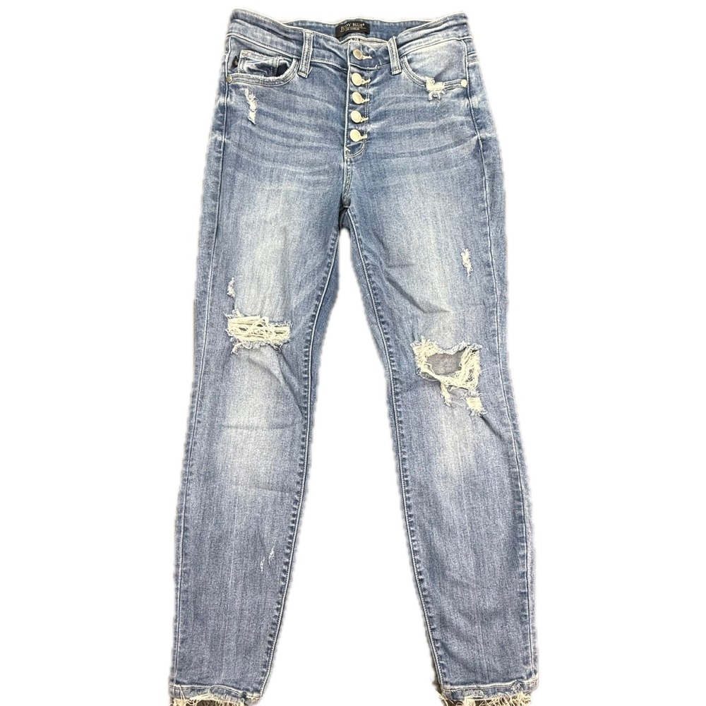 Judy Blue Boyfriend‎ Jeans Womens 3/26 Blue Distressed Button Fly Frayed Hem